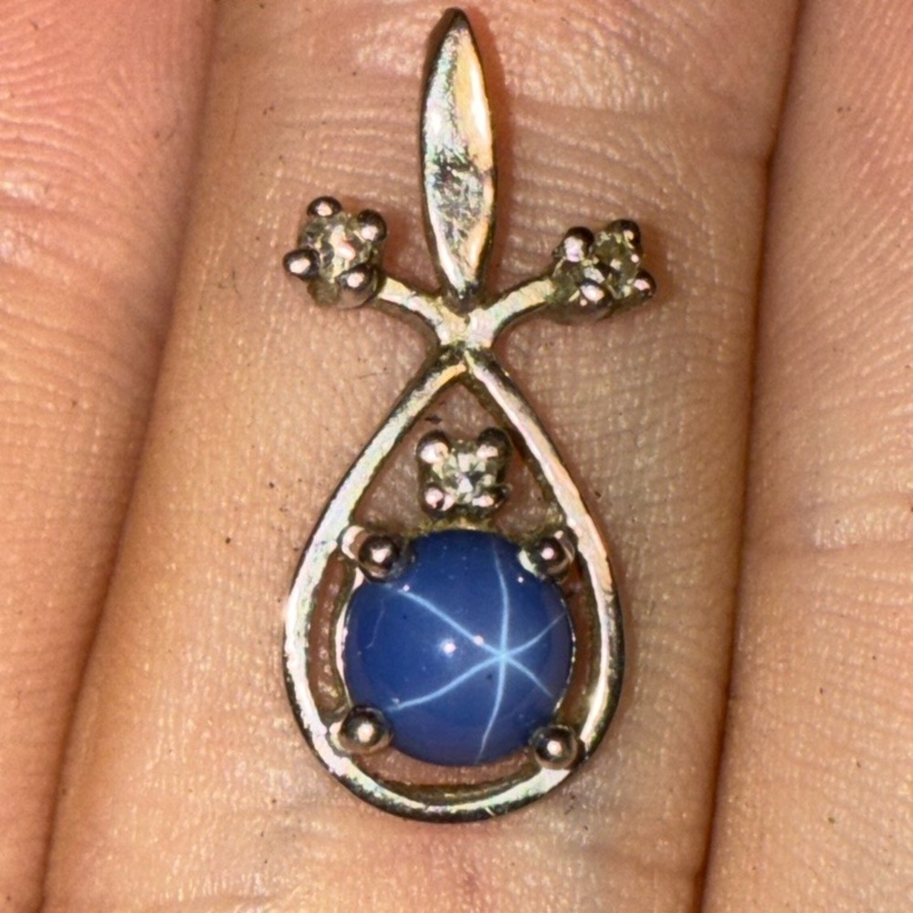 Stunning Blue Star Sapphire Diamond 14k Solid White Gold Necklace Pendant